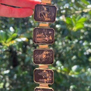 VTG Damascene Japanese Gold-Filled Leaf Inlay 6 Panel Scene Bracelet